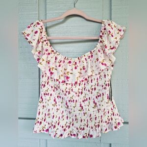 New Look Pink Floral Cropped Ruffle Smocked Blouse NWT Jrs L Cottagecore Y2K